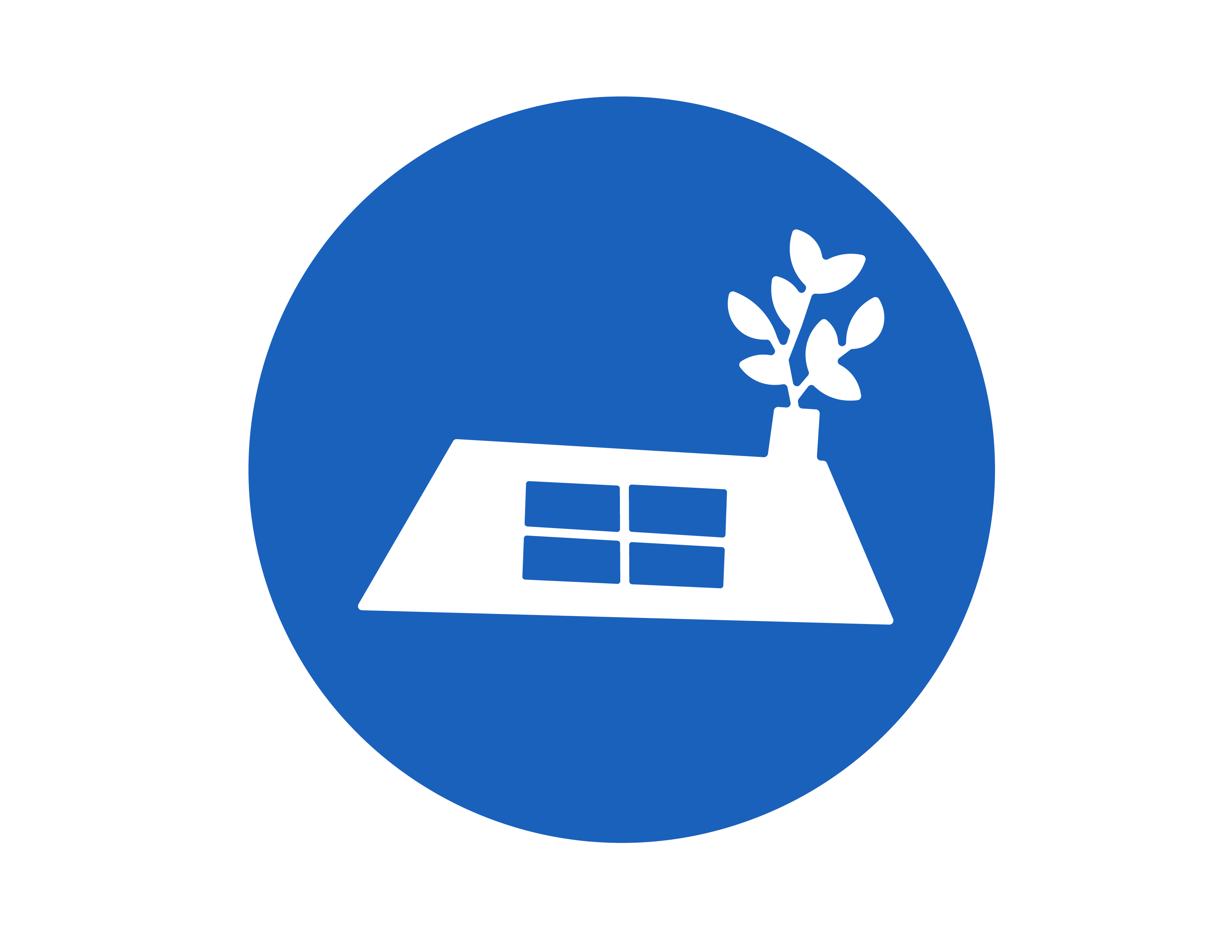 Secondary logo which is a blue circle with the outline of a white house with the chimney and plant coming out of it.