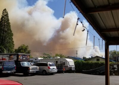 Fire smoke above the cars and trees.