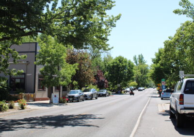 A photo of a street surrounded by many trees and cars.