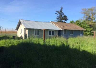 A photo of an old farmworker home surrounded by tall grass.