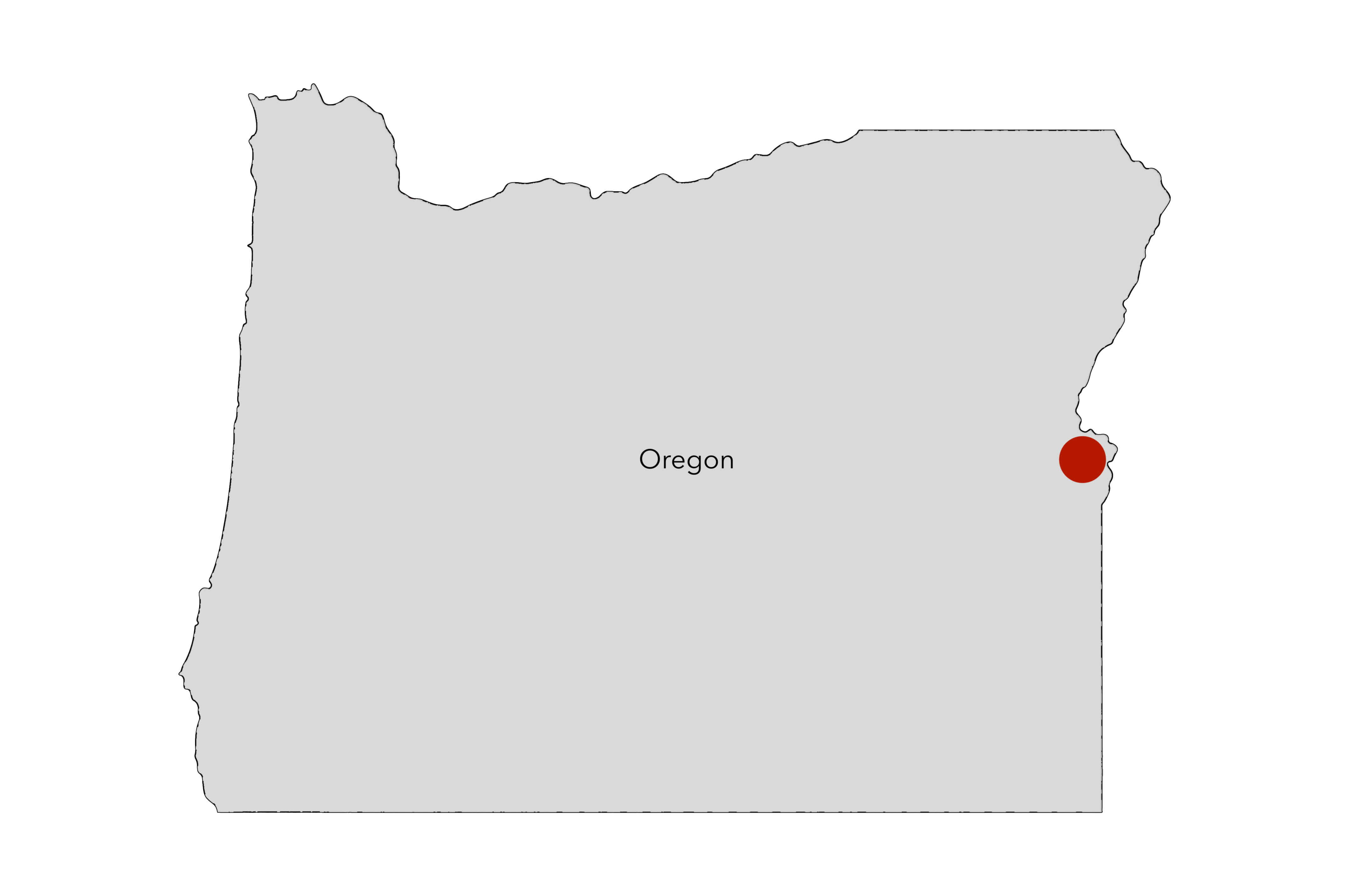 Ontario Map of Oregon with a red dot showing where Eugene is located.