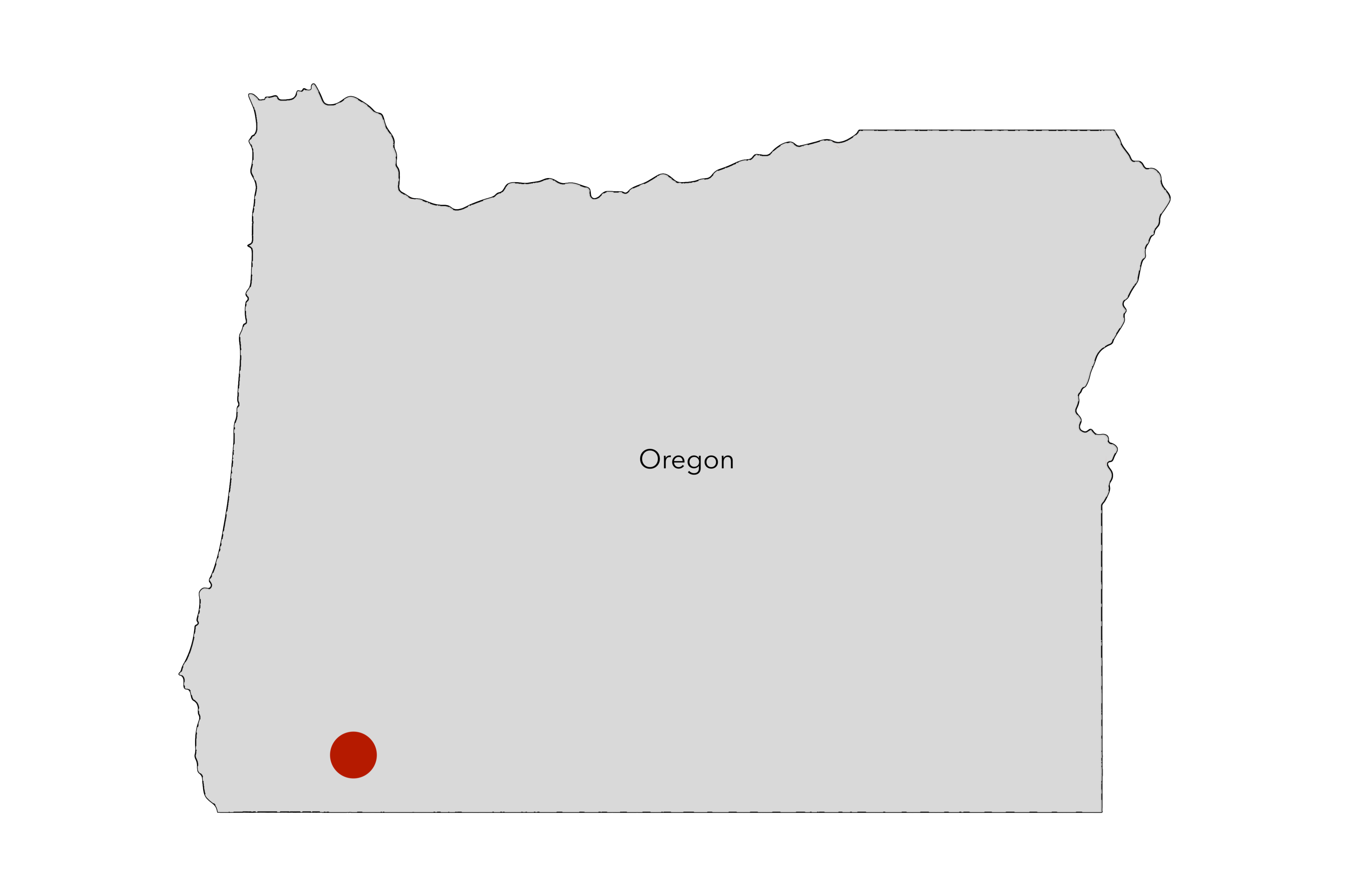 Rogue Valley Map of Oregon with a red dot showing where Eugene is located.