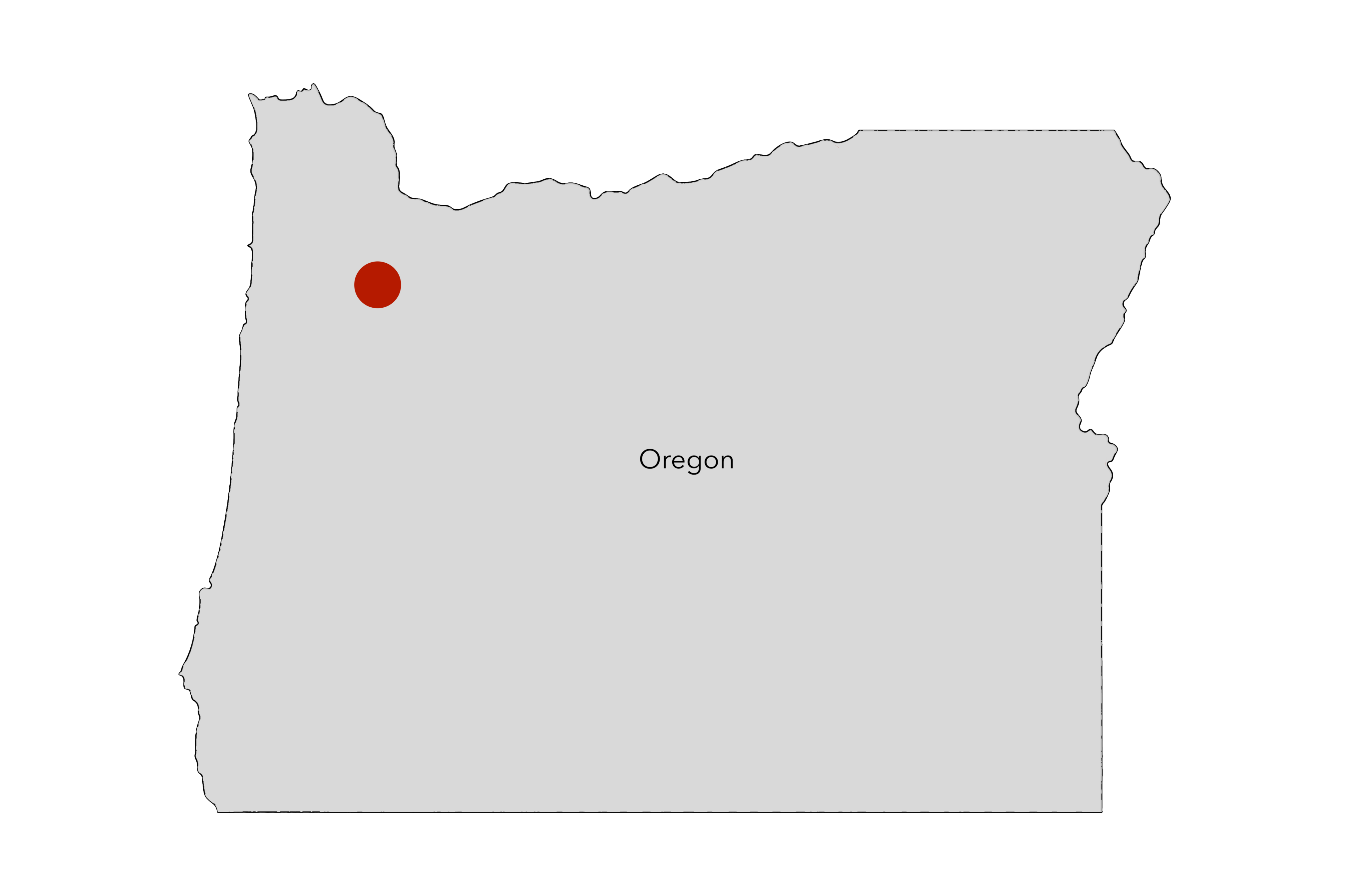Woodburn Map of Oregon with a red dot showing where Eugene is located.